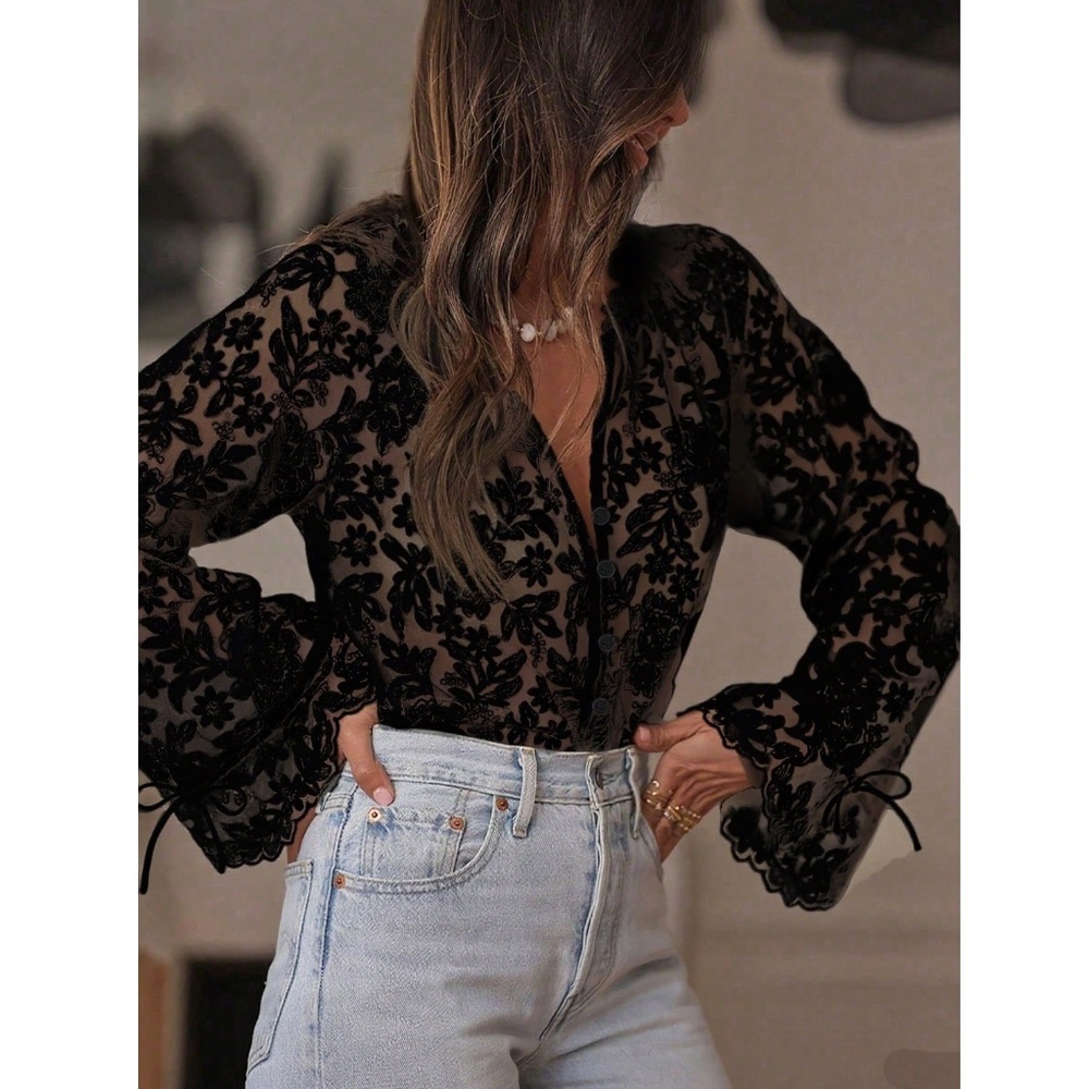 Guipure Lace on Mesh Black V-Neck Floral Pattern Button Down Shirt Sheer